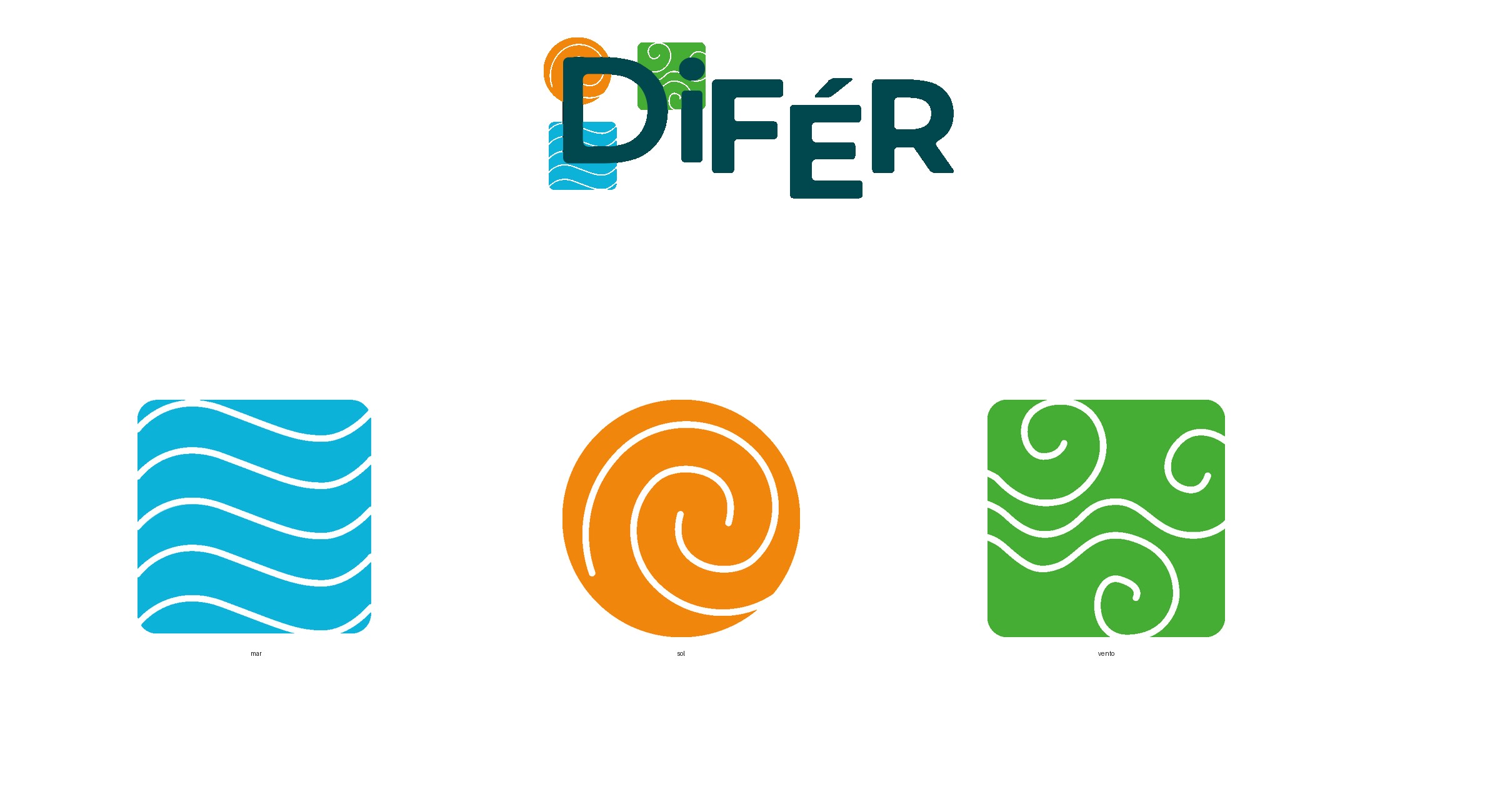 Sistema de identidade visual da DiFérias com o logotipo e os elementos gráficos mar, sol e vento