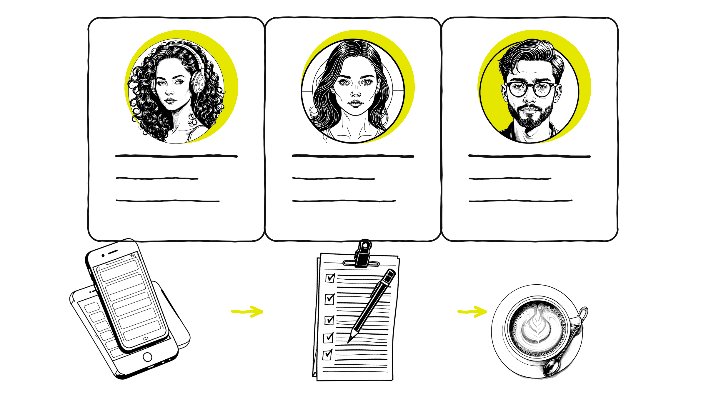 Ilustração a caneta de três cartões de persona com balões de fala avaliando uma tela em wireframe antes de ir para o usuário