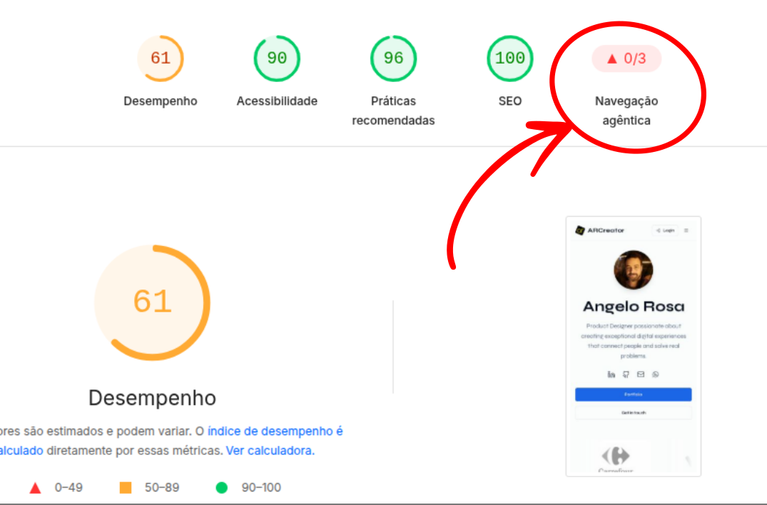 Relatório do Lighthouse no celular: a categoria Navegação agêntica circulada em vermelho, com 0 de 3 critérios, ao lado de Acessibilidade 90, Práticas recomendadas 96 e SEO 100