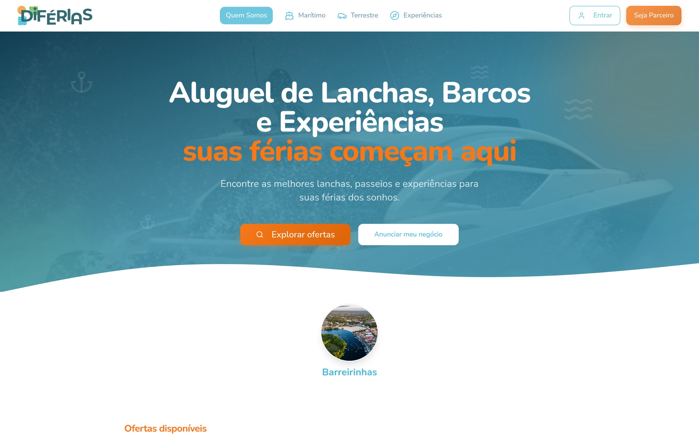 Página inicial da plataforma DiFérias, com busca, vitrine de ofertas e destinos
