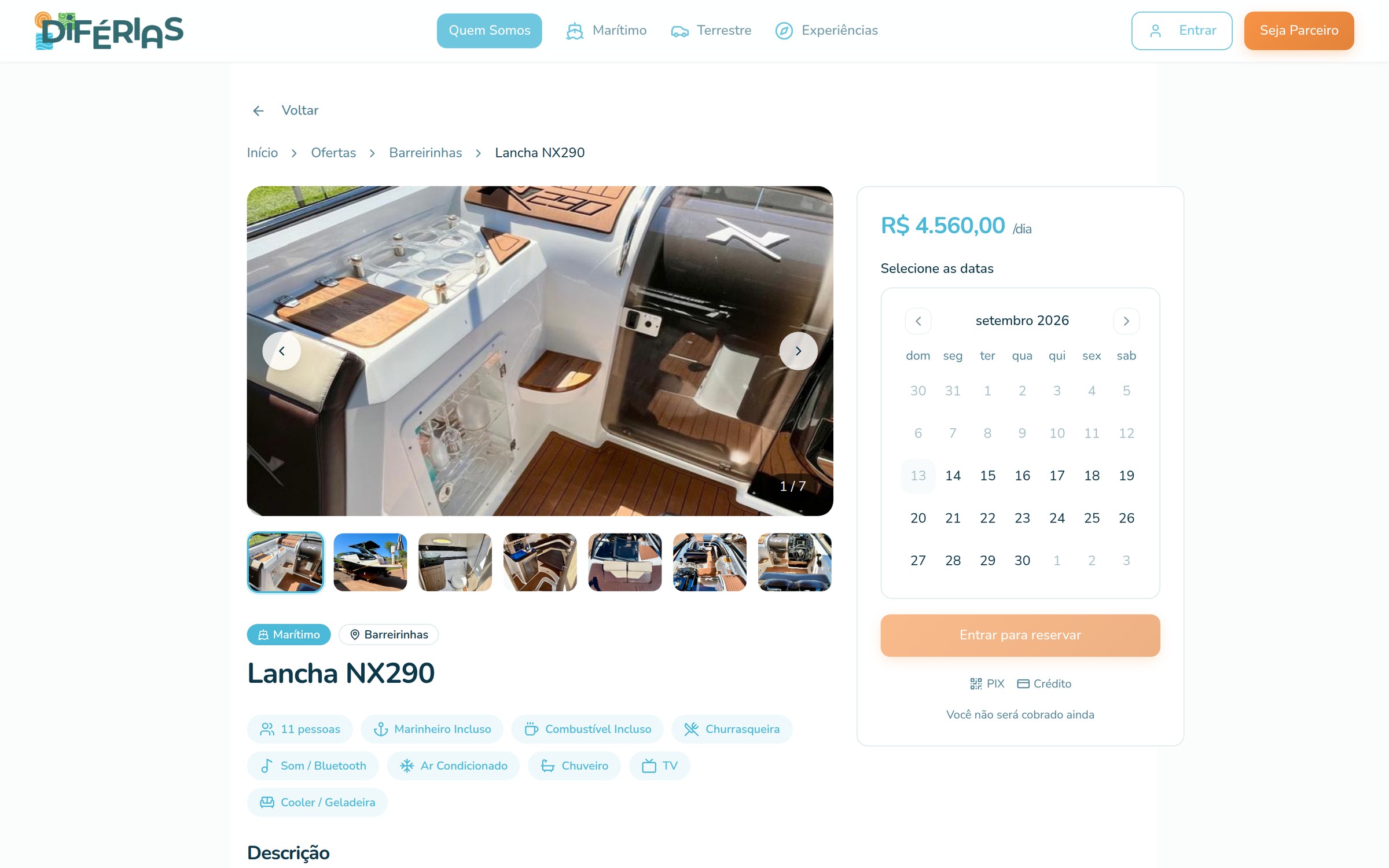 Página de oferta da plataforma DiFérias, com galeria de fotos, preço por dia e comodidades
